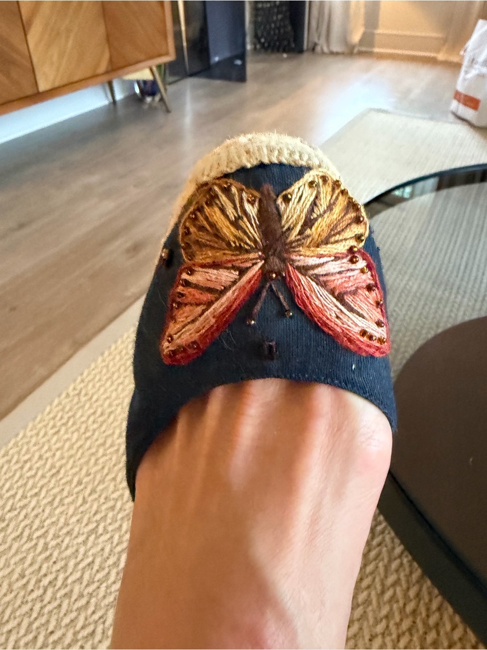 Christian Louboutin Navy Ribbon Espadrille Wedge with Embroidered Toe - Picture 3 of 5
